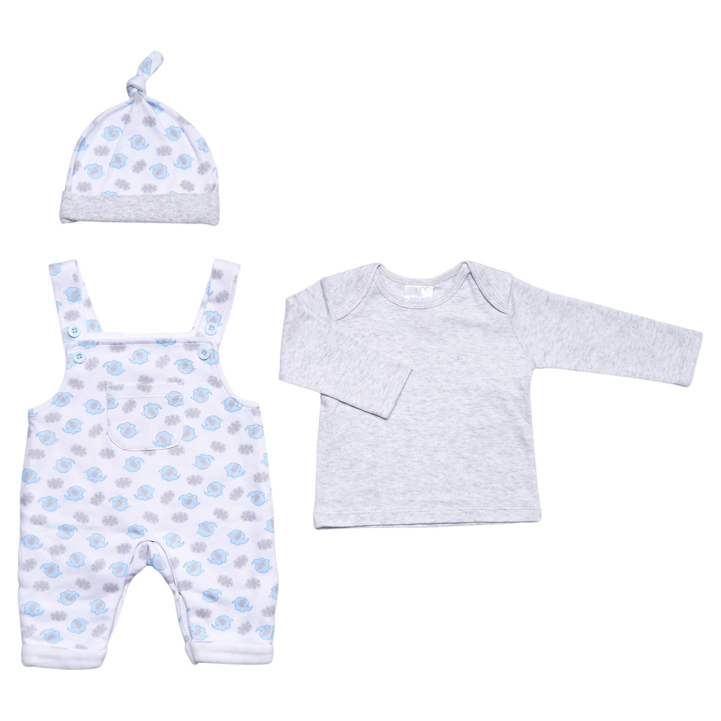 B/Blue 3PC Cotton Elephant Dungaree Set