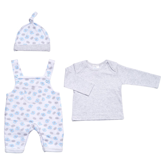 B/Blue 3PC Cotton Elephant Dungaree Set