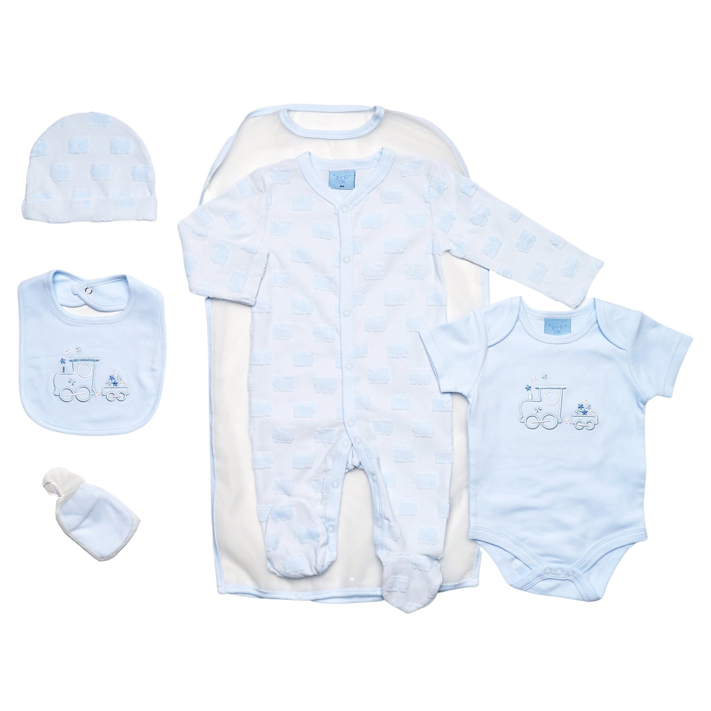Jacquard Train Motif 5PC Layette Set, BONBONS BOUTIQUES LTD