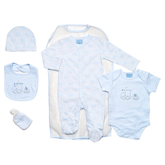 Jacquard Train Motif 5PC Layette Set, BONBONS BOUTIQUES LTD