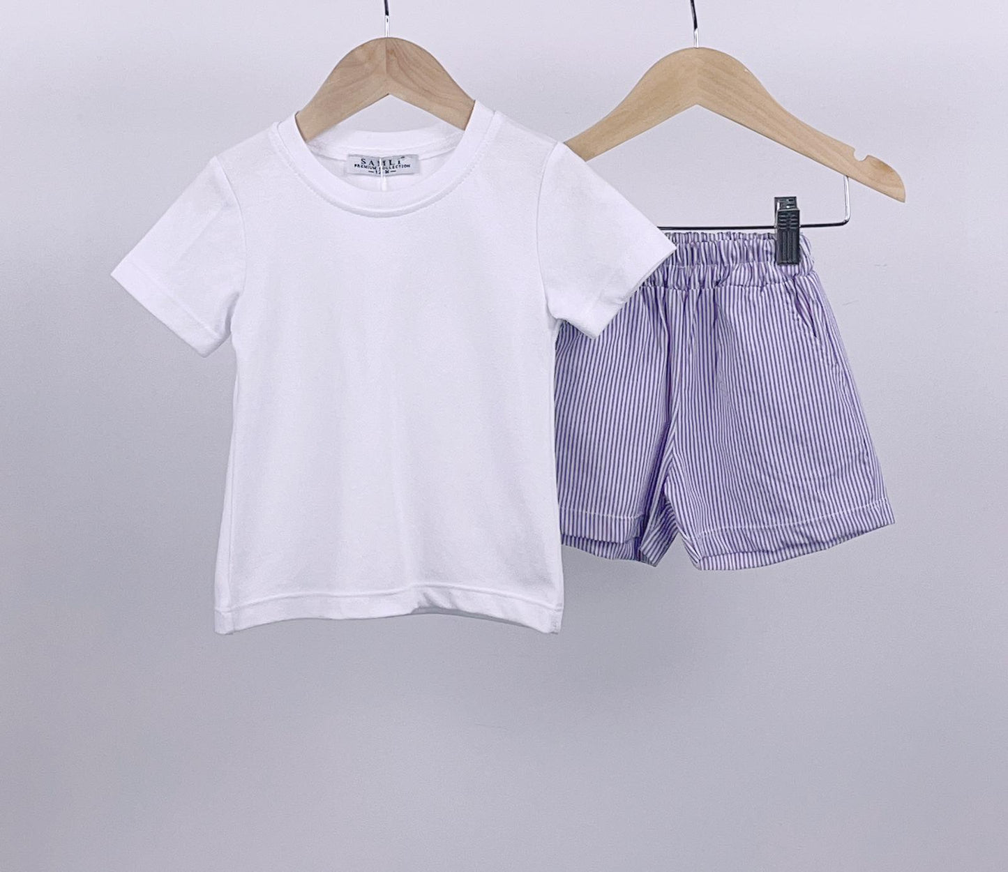 T-Shirt & Purple Pinstripe Shorts