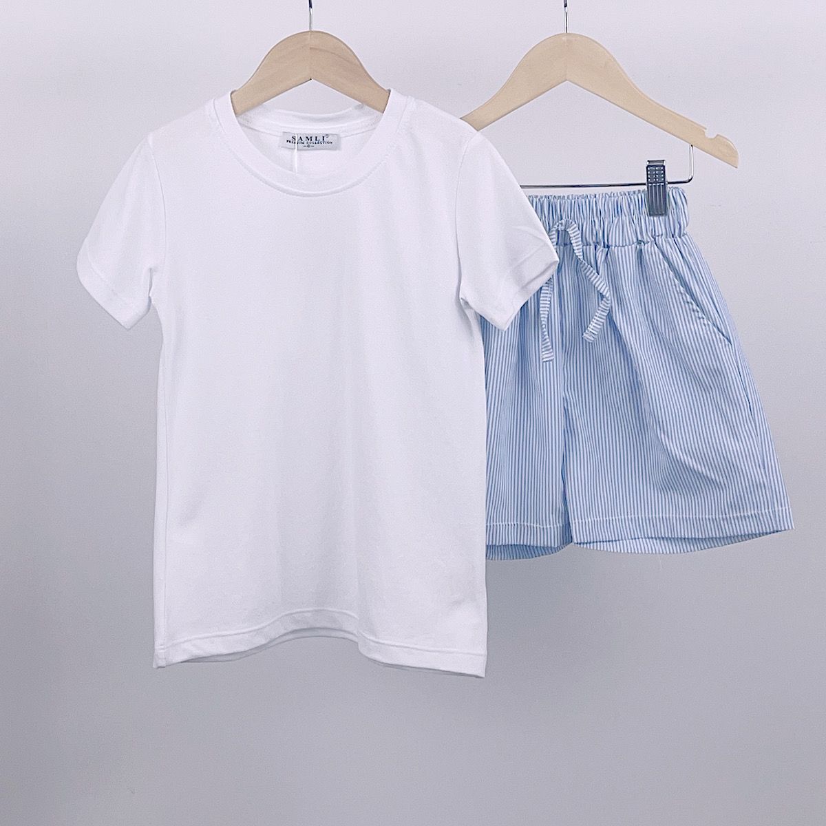 T-Shirt & Blue Pinstripe Shorts Set