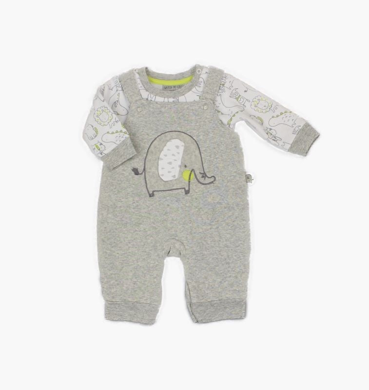 Grey Elephant Print 2PC Dungarees Set