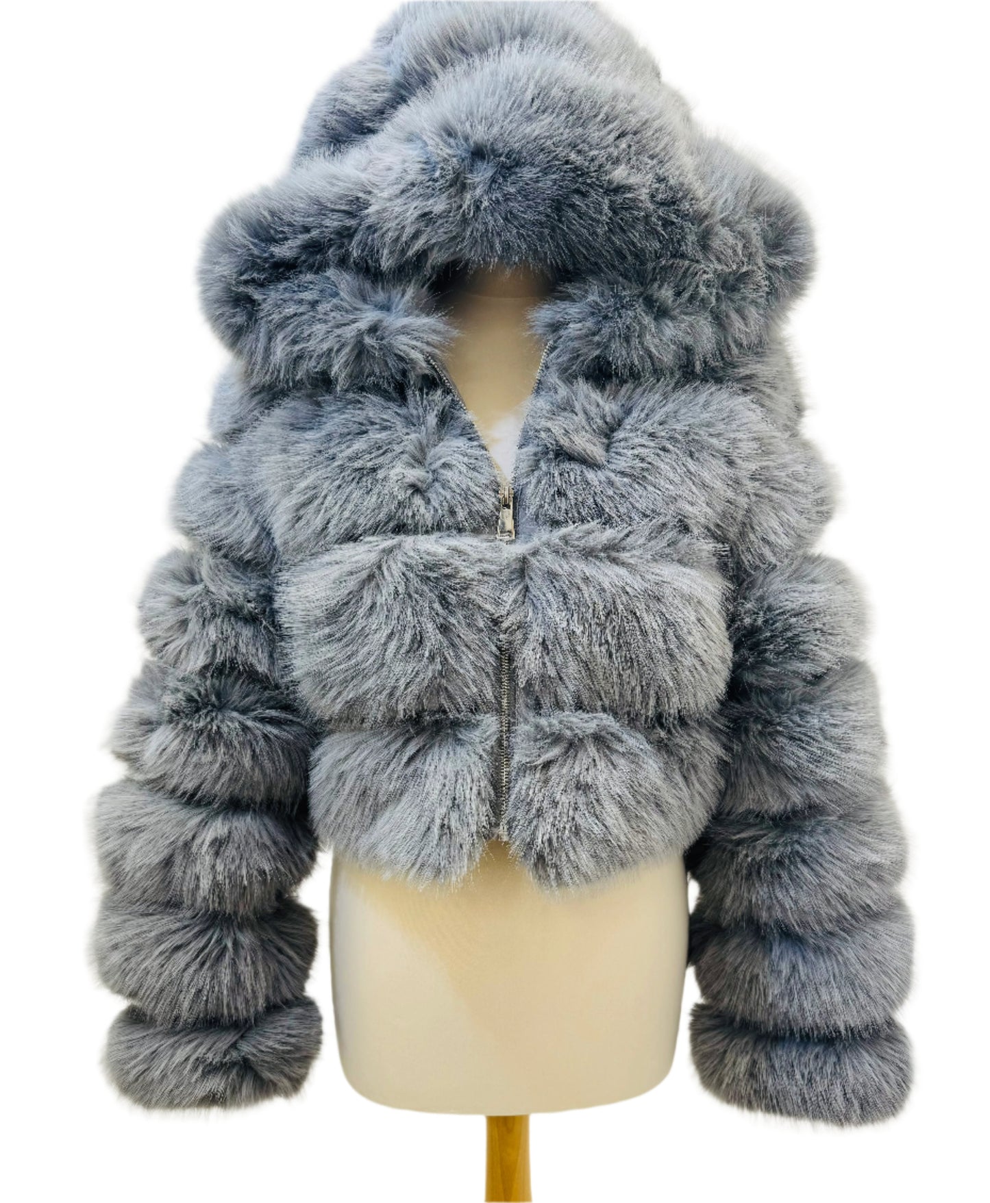 ANGEL-HOODED FAUX FUR JACKET GREY