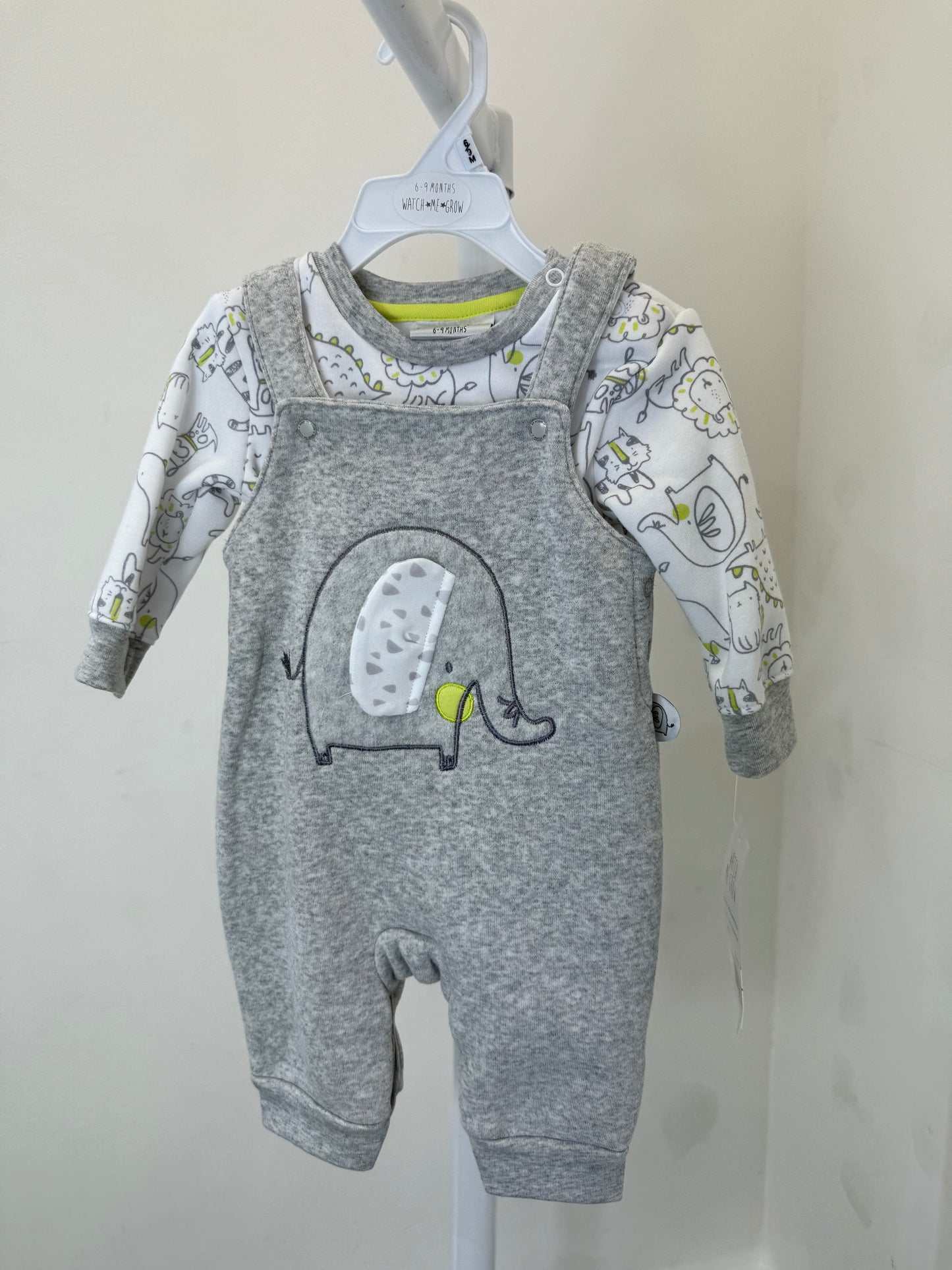 Grey Elephant Print 2PC Dungarees Set