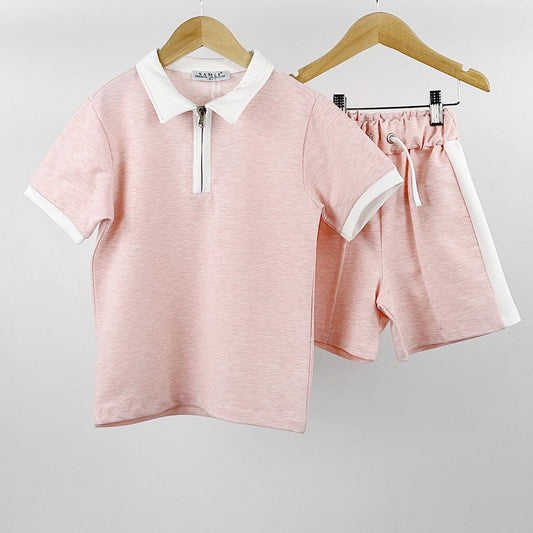 Pink & White Zip Shirt & Shorts Set