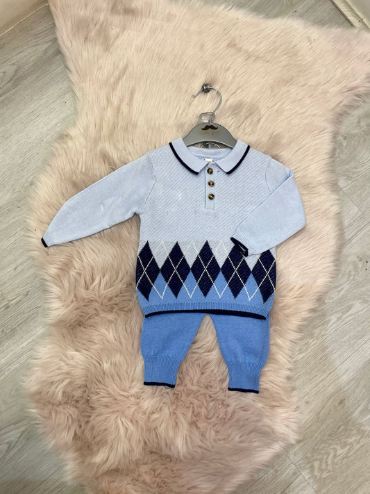 Blue Knitted Argyle Polo & Pants Set 0-12M