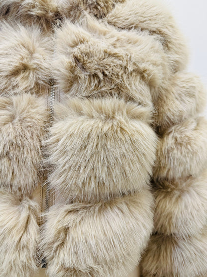 ANGEL-HOODED FAUX FUR JACKET BEIGE