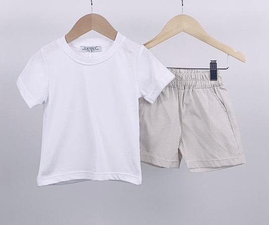 T-Shirt & Beige Pinstripe Shorts Set