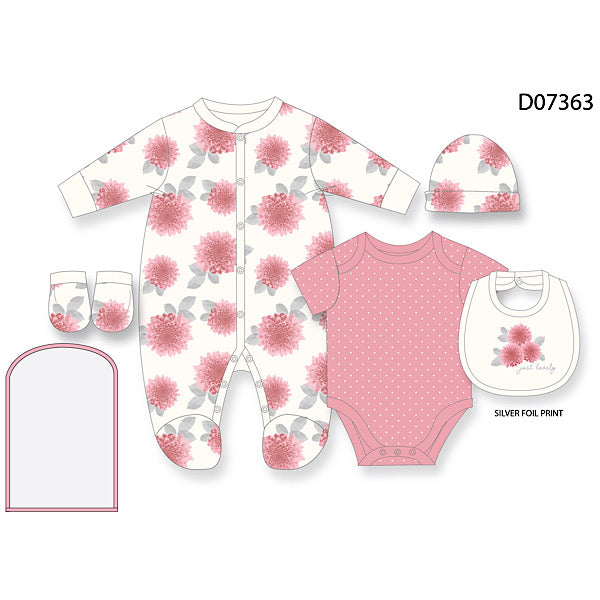 Ivory & Pink Floral Print 5PC Layette Set NB-6M