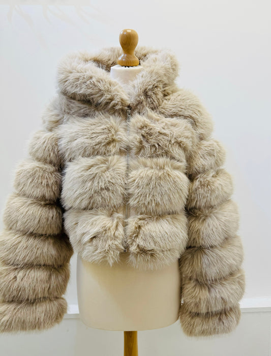 ANGEL-HOODED FAUX FUR JACKET BEIGE