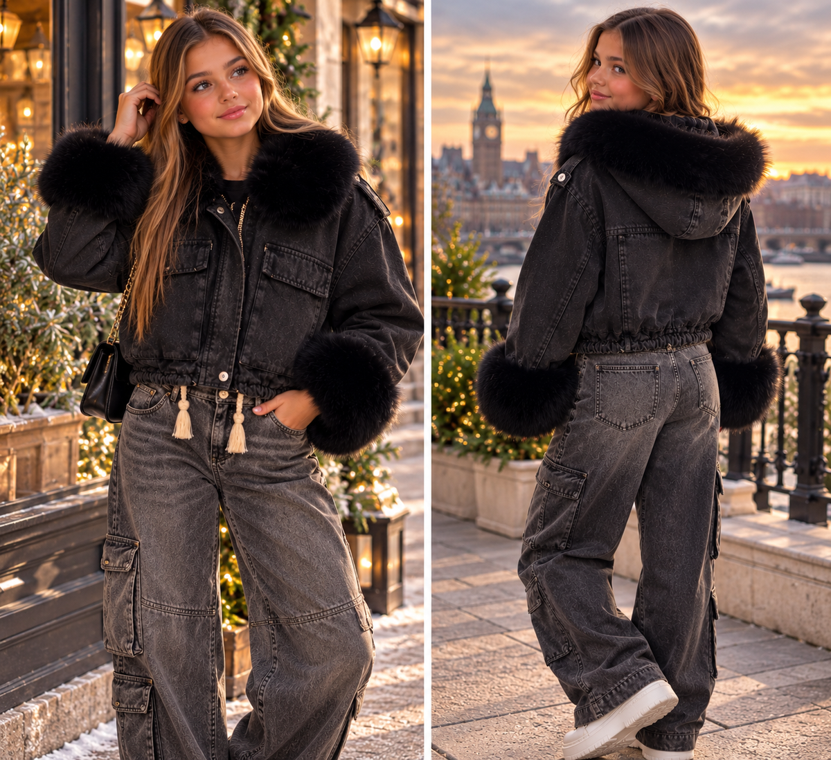 Ivy denim jacket with fur trim