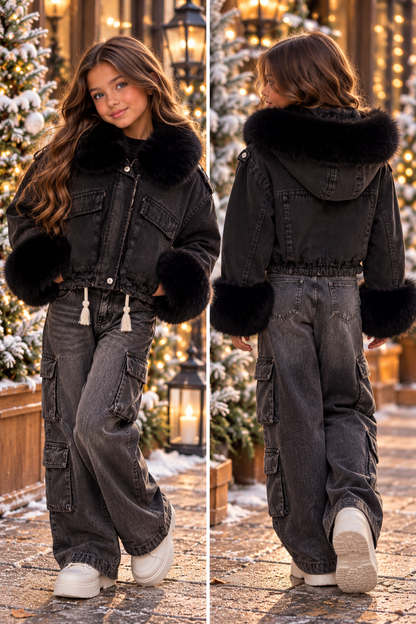 Ivy denim jacket with fur trim