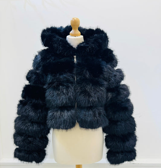 ANGEL-HOODED FAUX FUR JACKET- BLACK