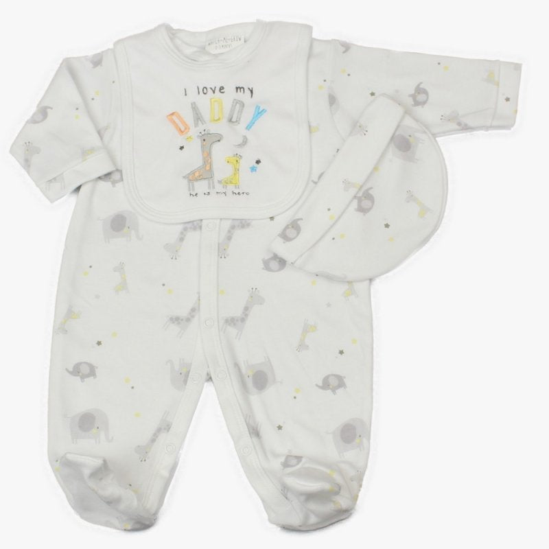 BABY I LOVE DADDY 3 PIECE ALL IN ONE, BIB & HAT SET