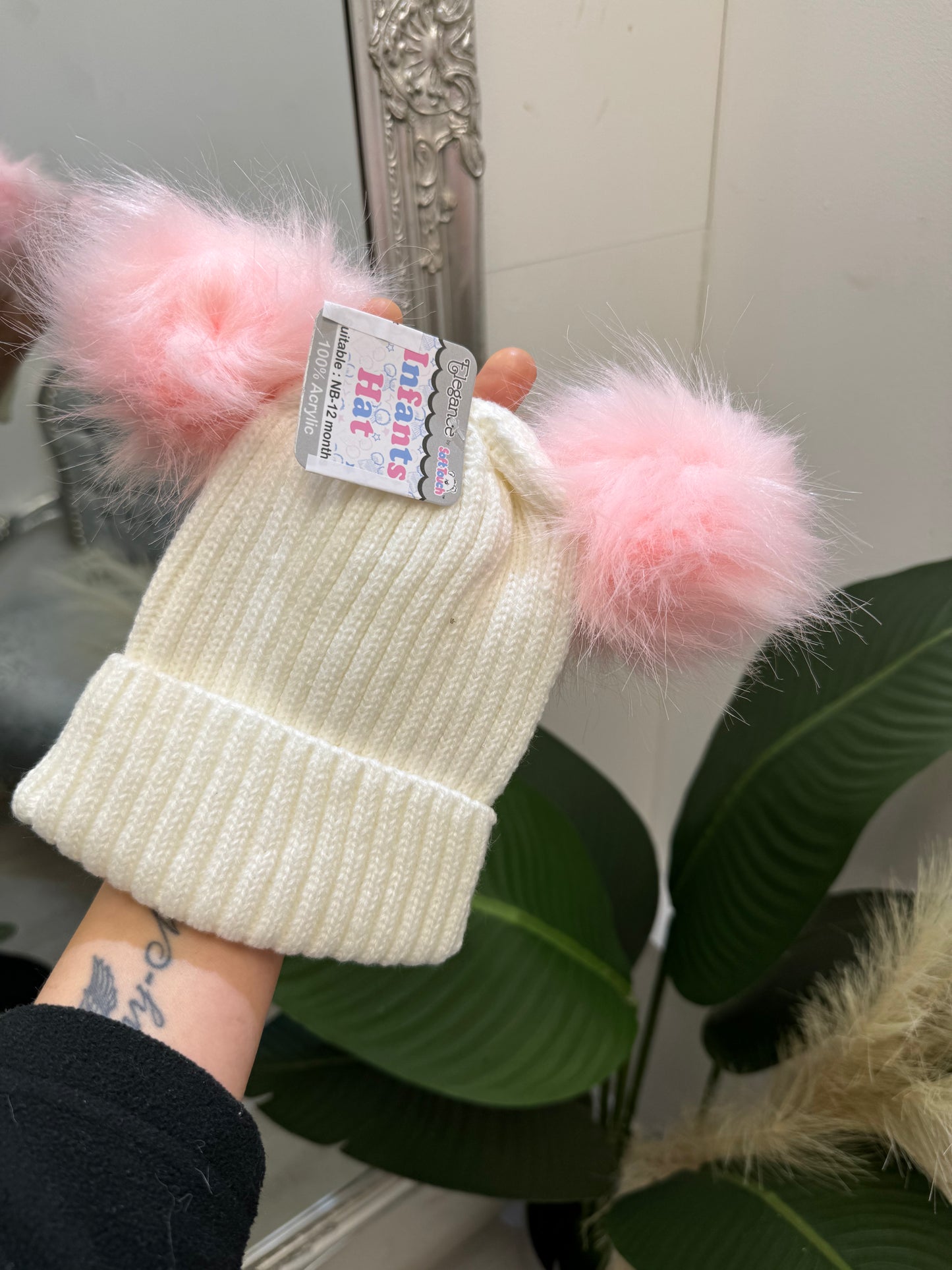 Pink / White Double Pompom Hat