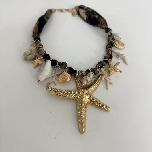 Fabric, gold starfish & shell necklace