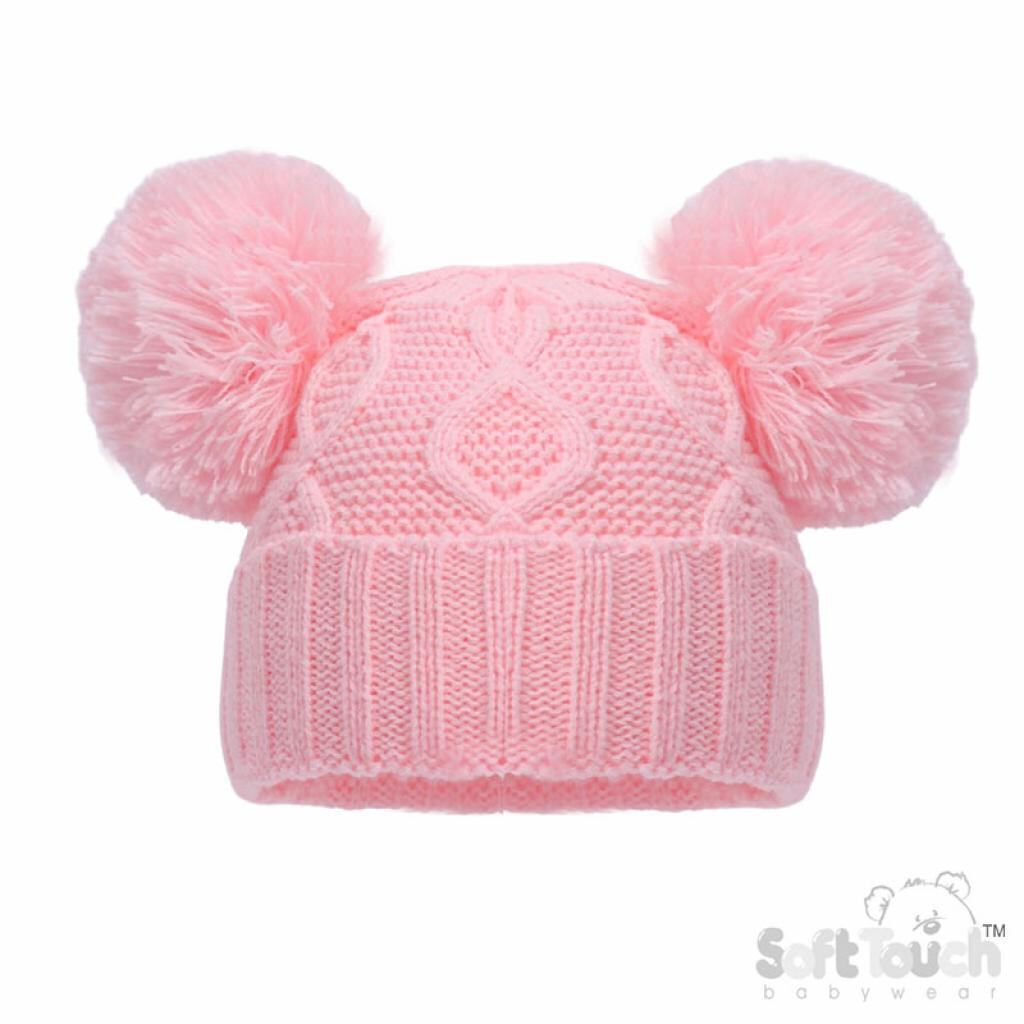 pink Chain Knit Double PomPom Hat NB-12M