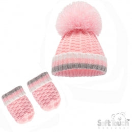 Bobble Hat & Mittens 2PC Set NB-12M