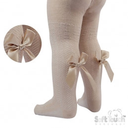 Beige  Chevron Knit Bow Tights NB-12M