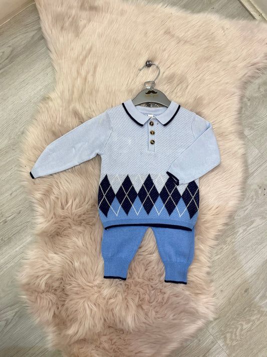 Blue Knitted Argyle Polo & Pants Set 0-12M