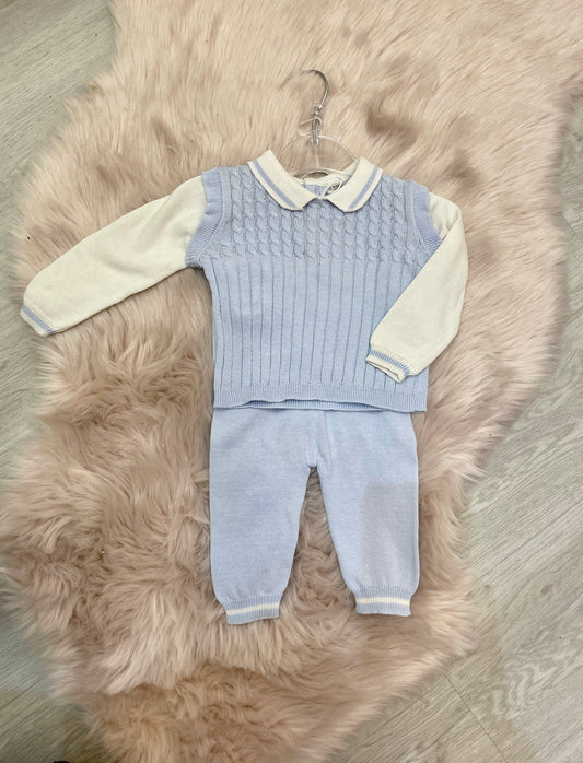 Baby Blue & Ivory Knitted 2PC Pullover Set 0-12M