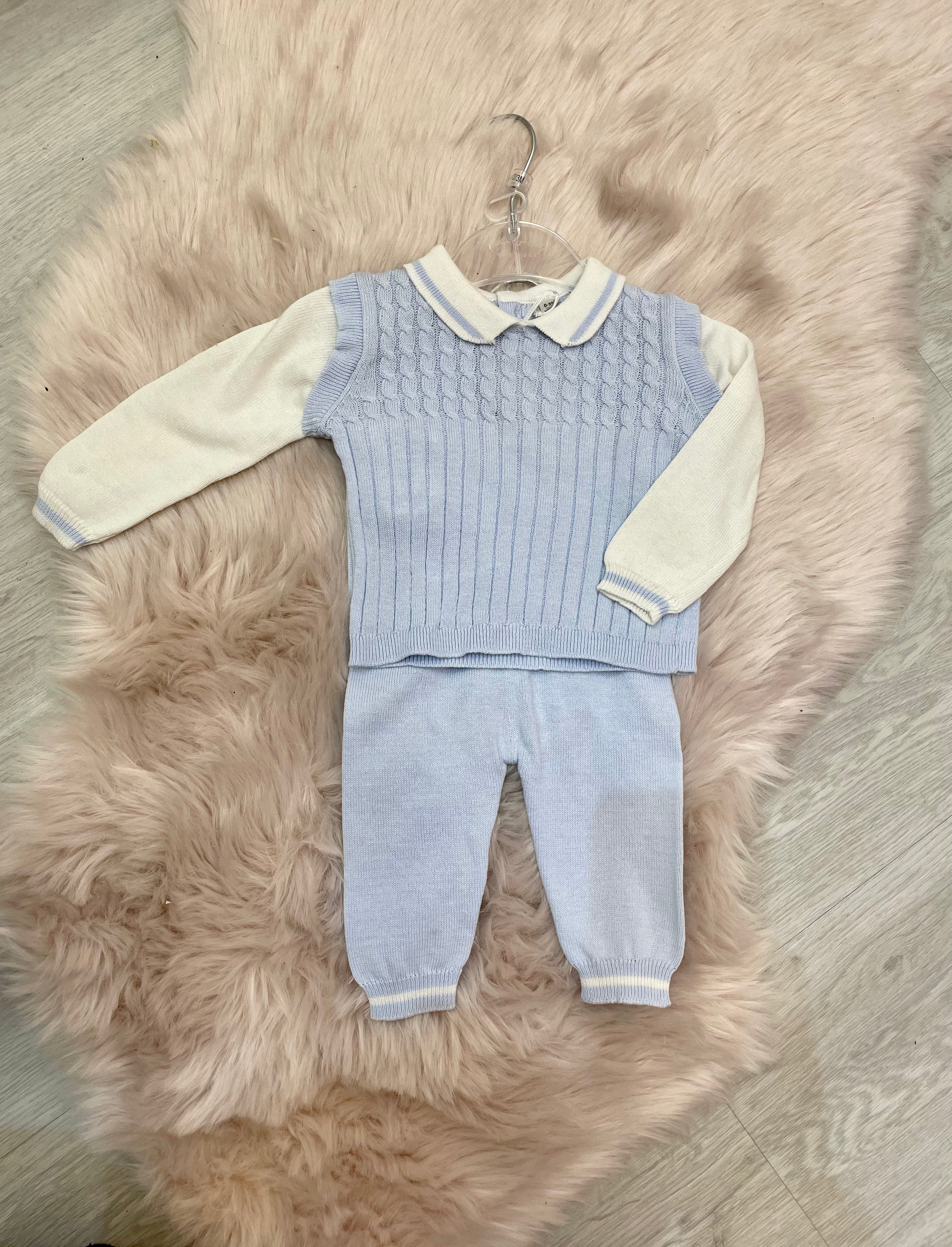 Baby Blue & Ivory Knitted 2PC Pullover Set 0-12M